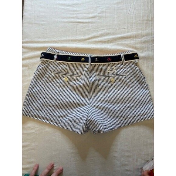 Polo Ralph Lauren Shorts Girls 14 Blue White Striped Seersucker With Skull Belt - Picture 2 of 5